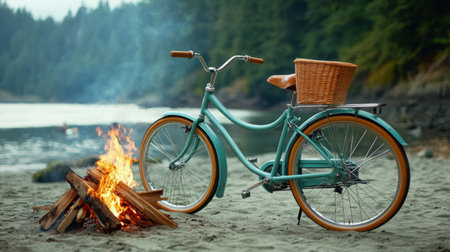 A beautiful scene featuring a vintage bicycle beside a glowing campfire on a sandy beach. The backdrop includes tranquil water and lush forest, evoking feelings of adventure and relaxation. Perfect for summer escapes.の素材