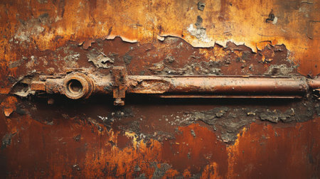 This captivating image showcases a rusty pipe set against a background of textured, corroded metal with flaking paint, creating an industrial aesthetic.の素材