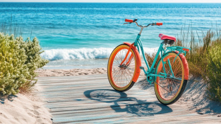 A picturesque scene featuring a vintage bicycle on a sandy beach pathway, with bright colors reflecting the joy of summer by the ocean.の素材