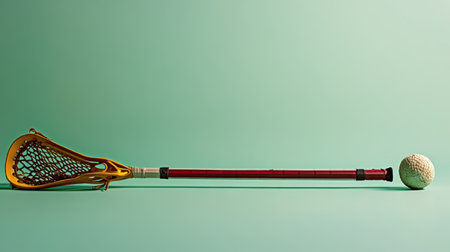 A striking image of a lacrosse stick with a net and ball arranged elegantly on a green backdrop, perfect for promoting sports activities and athletic culture.の素材