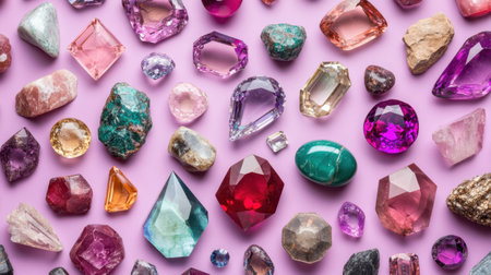 A stunning display of various colored gemstones cascading across a soft pink backdrop, showcasing the intricate beauty and variety of nature's treasures.の素材