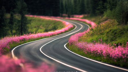 A winding road meanders through a stunning landscape adorned with vibrant pink wildflowers, creating a tranquil and picturesque scene perfect for travelers.の素材