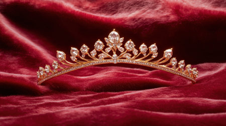 This exquisite rose gold tiara features an array of sparkling crystals set against a rich velvet background, perfect for special occasions and elegant events.の素材