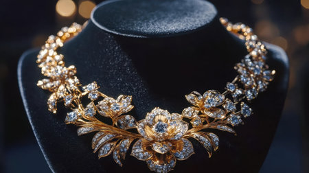 This striking image showcases an elegant gold floral necklace adorned with sparkling diamonds, beautifully displayed on a black bust against a soft-focused background.の素材