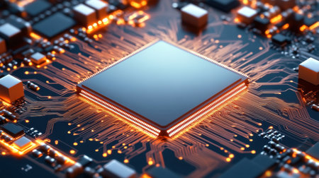 This close-up image features a sleek microchip on a detailed circuit board, showcasing intricate connections and a high-tech aesthetic perfect for technology themes.の素材