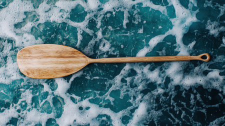 A wooden paddle rests on the vibrant turquoise water, surrounded by foamy waves, showcasing the beauty of craftsmanship and natural elements in harmony.の素材