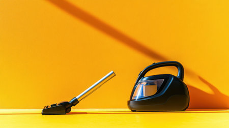 A sleek vacuum cleaner rests against a bright yellow background, emphasizing modern design and practicality. Ideal for household cleaning tasks.の素材