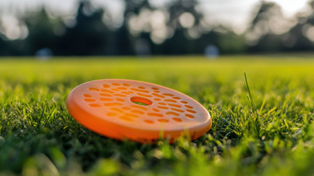 A vibrant orange frisbee rests on lush green grass, capturing the essence of summer fun and outdoor play. Ideal for sport enthusiasts and families.の素材