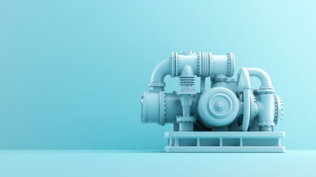 This image features a stylized industrial pump equipment in a light blue color, set against a minimalist background, perfect for engineering or manufacturing themes.の素材
