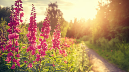 A stunning view of vibrant pink flowers basking in the warm glow of sunrise, creating a serene atmosphere along a picturesque garden pathway.の素材