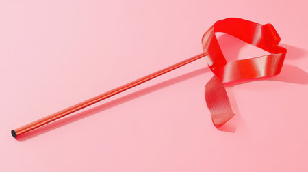 This image features a bright red ribbon with a glossy finish positioned on a soft pink background, ideal for festive occasions and creative designs.の素材