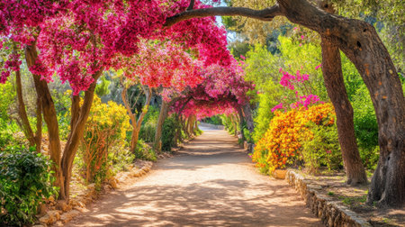 A picturesque pathway lined with vibrant bougainvillea flowers creates a colorful and serene atmosphere in a lush garden setting. Perfect for nature lovers.の素材