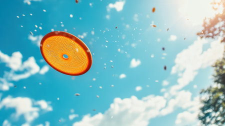 An orange flying disc sails through a vibrant blue sky filled with soft clouds, capturing the essence of outdoor fun and active leisure in a sunny environment.の素材
