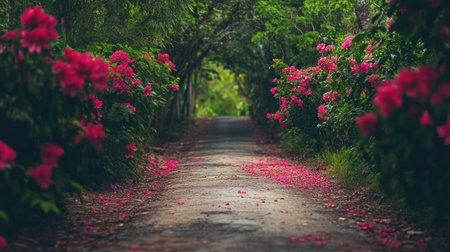 A tranquil pathway lined with vibrant pink flowers creates a serene atmosphere in this lush green landscape, perfect for nature lovers seeking beauty.の素材