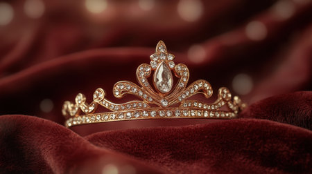 This stunning rose gold tiara features intricate designs adorned with sparkling diamond accents, resting elegantly on rich red velvet, perfect for showcasing luxury and beauty.の素材
