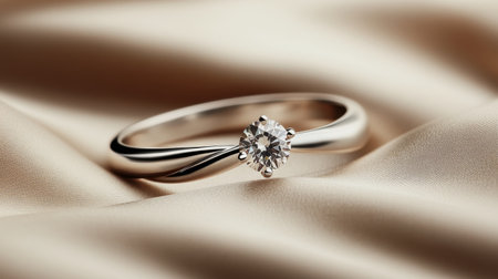 This captivating engagement ring features a brilliant diamond set on a sleek band, resting elegantly on a soft satin background, symbolizing love and commitment.の素材