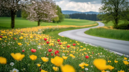 A beautiful scenic view featuring a winding road surrounded by vibrant wildflowers and lush greenery, capturing the essence of spring in nature.の素材