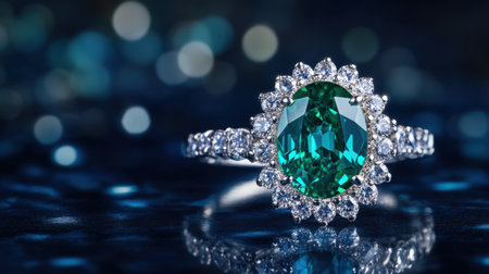 This captivating close-up image features a stunning oval cut green gemstone ring adorned with sparkling diamonds, embodying elegance and luxury. Perfect for showcasing high-end jewelry.の素材