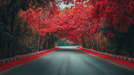 A picturesque road adorned with stunning vibrant red trees creates an enchanting atmosphere, perfect for nature lovers seeking tranquility and beauty.の素材
