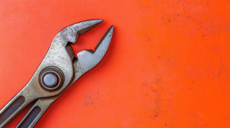 A close-up image of a rusty adjustable wrench on a vibrant orange background, perfect for industrial and DIY themes. The tool exhibits wear, representing reliability.の素材