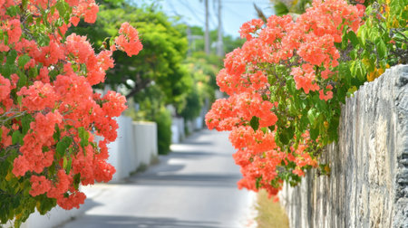 A stunning view of vibrant bougainvillea flowers in shades of pink lining a peaceful tropical street, showcasing natureの素材