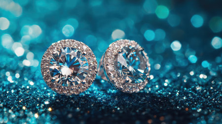 Captivating close-up of elegant diamond earrings featuring sparkling details on a shimmering blue background, perfect for showcasing luxury jewelry.の素材