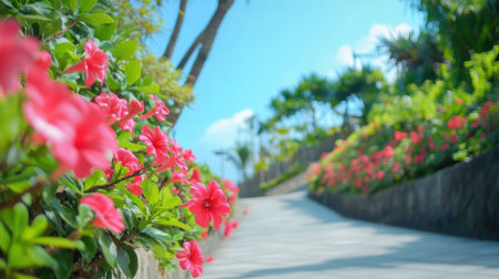 This image captures vibrant pink flowers lining a curved pathway through a lush green landscape, set against a bright blue sky, evoking tranquility.の素材