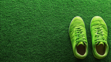 A pair of bright green sport shoes placed on a lush grass surface, perfect for outdoor activities and fitness lovers. Ideal for showcasing athletic footwear.の素材