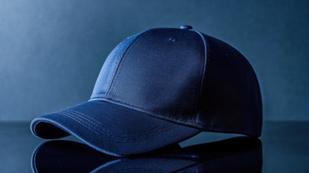 This image captures a stylish navy blue baseball cap, showcasing its smooth fabric texture on a reflective surface. The soft blue background enhances the minimalist design, making it ideal for fashion or promotional purposes.の素材