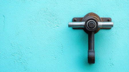 A vintage metal hook is elegantly mounted on a bright turquoise wall, creating a striking visual contrast that enhances any interior decor.の素材