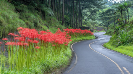 A beautiful winding road surrounded by lush greenery and vibrant red flowers creates a picturesque scene, perfect for nature lovers and travelers.の素材
