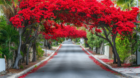 A stunning view of a suburban street lined with vibrant red bougainvillea flowers, creating a natural archway above a peaceful road with lush greenery.の素材