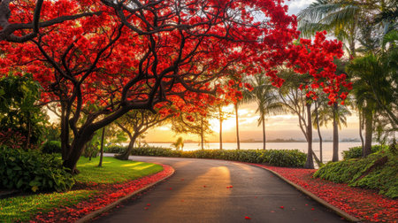 A stunning view of a curved pathway bordered by lush greenery and vibrant red flowering trees, perfectly capturing a serene sunset in a tropical paradise.の素材