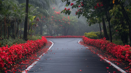 A picturesque road meanders through a tranquil garden, embraced by blooming red flowers and lush greenery, enveloped in soft morning fog.の素材