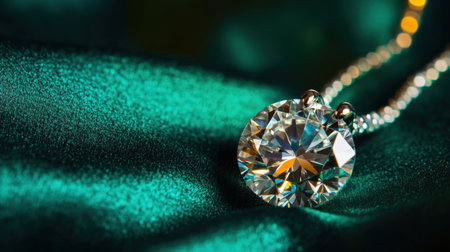 A stunning diamond pendant rests elegantly on a rich green fabric, showcasing the brilliance and exquisite cut of the gemstone in a captivating close-up view.の素材
