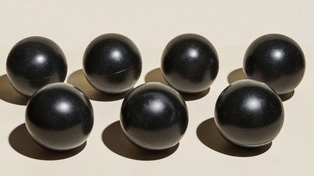 This stock photo features a close-up arrangement of black plastic balls on a neutral background. The balls showcase varied textures and shadows that create an engaging visual contrast.の素材