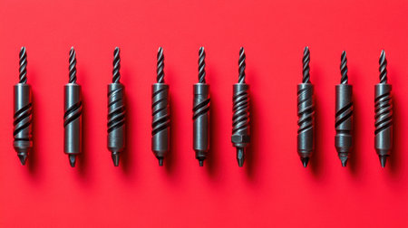 This image showcases an array of black metal drill bits lined up against a striking red background, highlighting their design and precision in manufacturing.の素材
