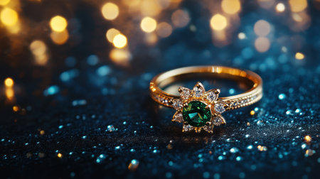 This captivating image showcases an elegant gold ring featuring a rich green gemstone. Set against a backdrop of shimmering lights, it adds a touch of luxury and charm.の素材