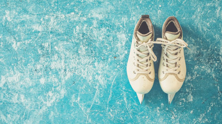A pair of vintage ice skates rests on a textured blue surface, perfect for evoking the spirit of winter sports and outdoor adventures in chilly climates.の素材