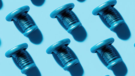 A vibrant abstract composition featuring blue screws and bolts against a light blue background, showcasing shadows and textures for a modern aesthetic.の素材