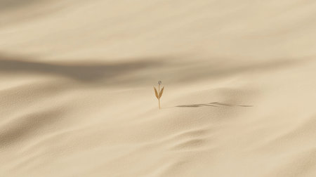 A striking image features a solitary plant flourishing amidst the expansive, soft dunes of a desert landscape, highlighting the beauty of resilience and life.の素材
