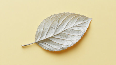 A stunning silver leaf rests gracefully on a soft yellow background, showcasing intricate textures and natural beauty in a minimalist design.の素材