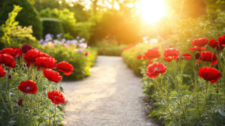 A beautiful garden scene featuring a winding pathway adorned with radiant red poppies and lush greenery bathed in golden sunset light.の素材