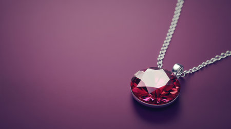 Stunning red gem pendant hangs gracefully on a silver chain, showcasing its vibrant color and brilliance against a soft purple background.の素材