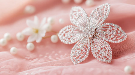 An exquisite silver flower brooch showcased on soft pink fabric, surrounded by pearls, perfect for jewelry display in fashion and styled photography.の素材