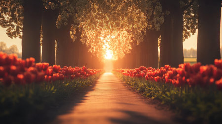 A picturesque scene featuring a charming pathway lined with vibrant tulips and majestic trees, illuminated by the warm glow of a sunset, creating a tranquil atmosphere.の素材