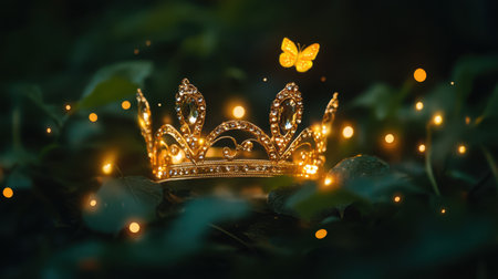 A stunning golden crown surrounded by lush greenery and glowing lights, with a butterfly fluttering nearby, creating a magical and enchanting atmosphere.の素材