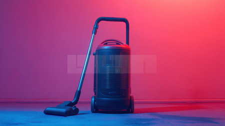 A sleek modern vacuum cleaner stands on a clean floor illuminated by vibrant blue and red lighting, showcasing its design and functionality for efficient cleaning.の素材