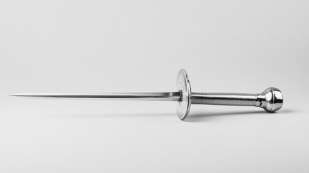 This image features a sharp metallic dagger resting on a minimalist background, showcasing its sleek design and intricate craftsmanship.の素材