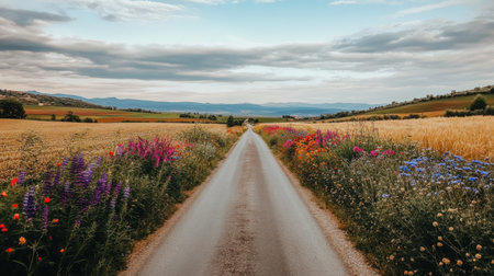 A tranquil countryside scene featuring a meandering road lined with vibrant wildflowers, stretching toward the horizon under a cloudy sky.の素材